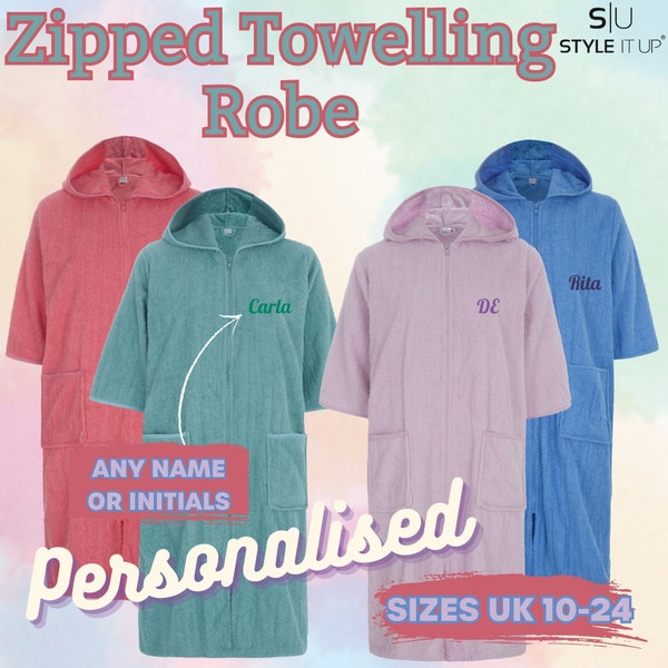 Personalised Ladies Zip Through Soft Cosy Warm Terry Towelling Bath Robe 100% Cotton Loungewear Hooded Dressing Gown