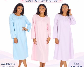Womens Super Soft Long Sleeve Nightdress Cosy Winter Nightie Ladies Sleepwear Nightgown Sizes 10-28