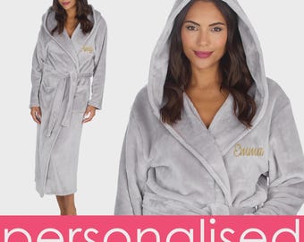 Personalised Silver Grey Hooded Robe Embroidered Name Plush Fleece Dressing Gown (Size L)