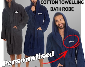 Personalised Men’s Luxury 100% Cotton Towelling Bath Robe, Hooded Spa Dressing Gown