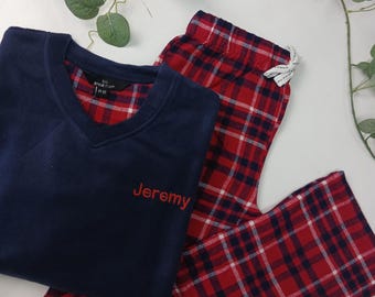 Personalised Luxury Mens Check Fleece Loungewear Winter PJ Soft Warm Pyjama Set