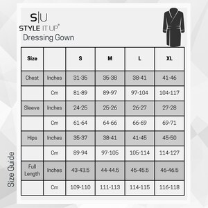 May include: Size chart for a dressing gown in sizes S, M, L, and XL. Measurements are provided in inches and centimeters for chest, sleeve, hips, and full length.