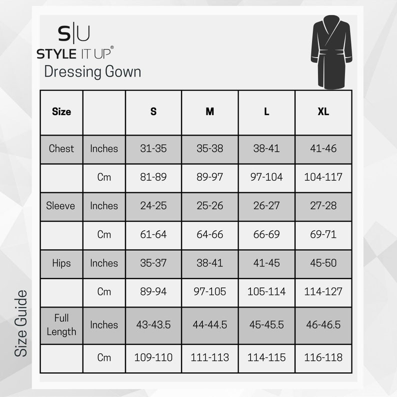May include: Size chart for a dressing gown in sizes S, M, L, and XL. Measurements are provided in inches and centimeters for chest, sleeve, hips, and full length.