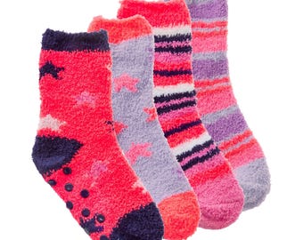 Girls Kids Fluffy Bed Striped Stars Winter Warm Socks with Grips Non Skid (4 Pairs)