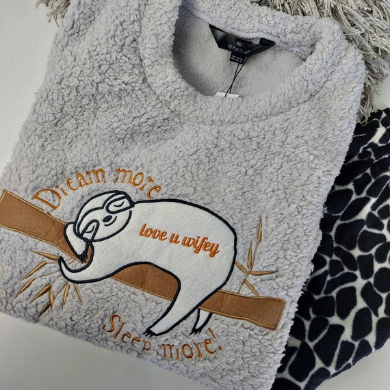 Personalised Womens Sloth Pyjamas Pjs Warm Cosy Soft Fleece Nightwear Embroidery Loungewear Comfort Fit Soft Cosy Printed Fleece Twosie Etsy UK