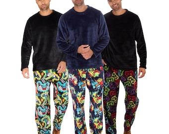Mens Plush Fleece Pyjama Set Warm Winter Loungewear Long Sleeve Top & Printed Lounge Trousers