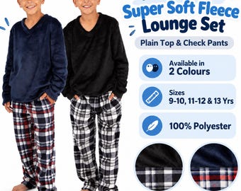 Kids Boys Super Soft Fleece Lounge Set - Plain Top and Check Pants - 2 Piece Winter Pyjama Set