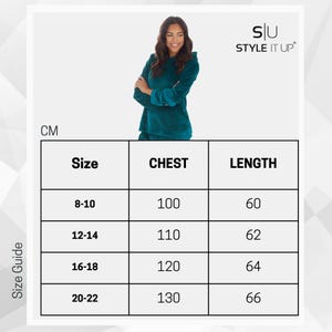 May include: Size chart for a teal hooded sweatshirt with the text "SU STYLE IT UP" in white. The chart shows sizes 8-10, 12-14, 16-18, and 20-22 with corresponding chest and length measurements in centimeters.