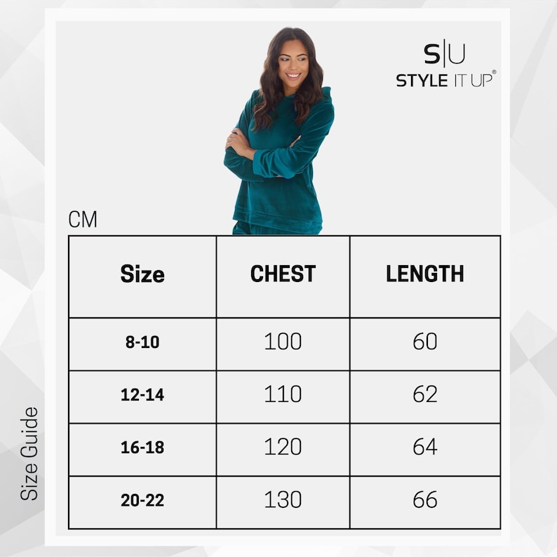 May include: Size chart for a teal hooded sweatshirt with the text "SU STYLE IT UP" in white. The chart shows sizes 8-10, 12-14, 16-18, and 20-22 with corresponding chest and length measurements in centimeters.