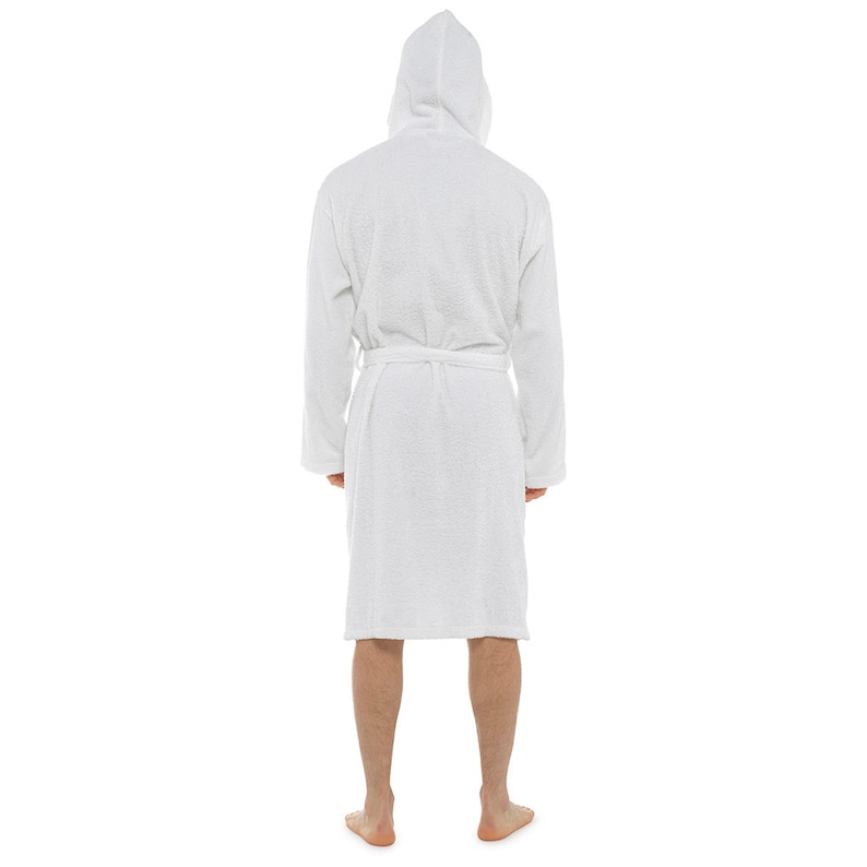 May include: A white hooded bathrobe with a self-tie belt. The robe is made of a soft, absorbent material.