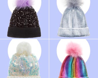 Kids Girls Winter Bobble Hat Chunky Head Cover Pom Pom Sequin Design (2-13 Y)