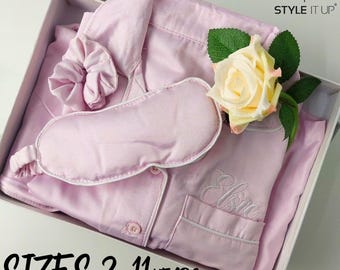 Personalised Girls Satin Effect Fabric Pyjamas Pjs Nightwear Set Soft Long Sleeve Sleepwear