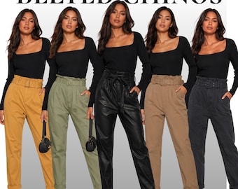 Womens High Waist Belted Chino Trousers Stretch Cotton Smart Casual Paperbag Trousers UK