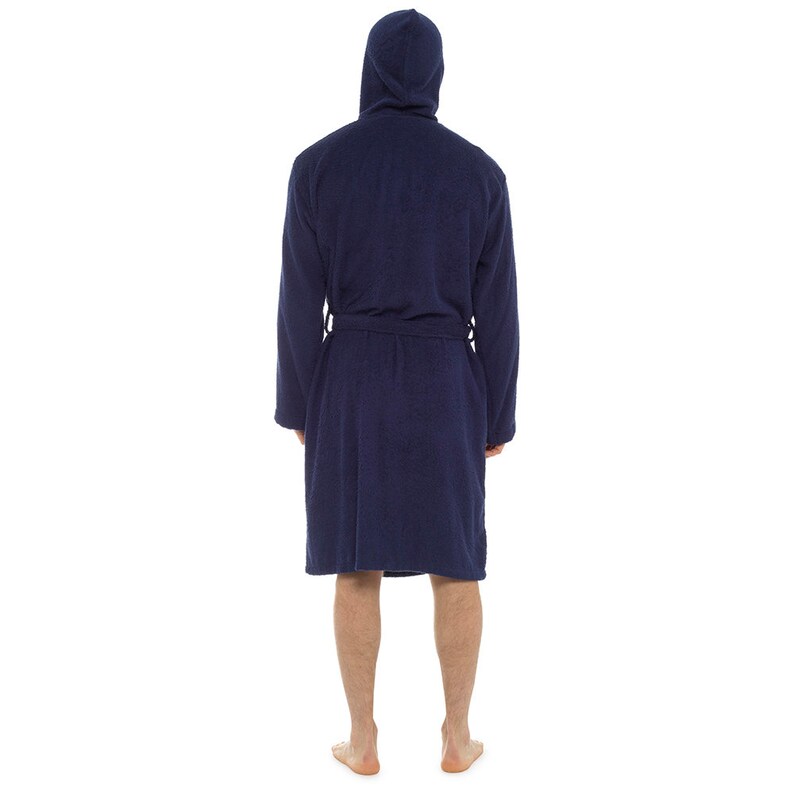 May include: A navy blue hooded robe with a self-tie belt. The robe is made of a soft, absorbent material.