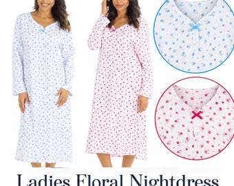 Womens 100% Cotton Floral Nightdress Long Sleeve Button Front Nightshirt Soft Comfortable Ladies Nightie Sleepwear Loungewear Sizes 10-24