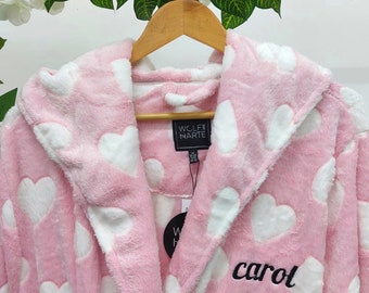 Personalised Ladies Womens Warm Cosy Heart Print Fleece Soft Luxury Dressing Gown Hooded Robe Nightwear