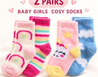 Baby Girls Fluffy Christmas Socks, 2 Pairs, Pink Blue, 0-24 Months