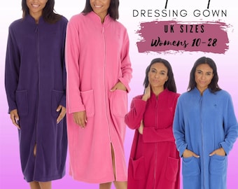 Ladies Fleece Full Zip Dressing Gown Housecoat Long Sleeve Soft Full Length Robe