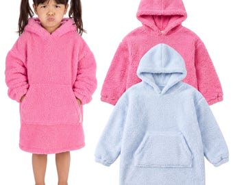 Girls Oversized Teddy Fleece Hoodie: Cozy Wearable Blanket Loungewear (Pink, Blue)