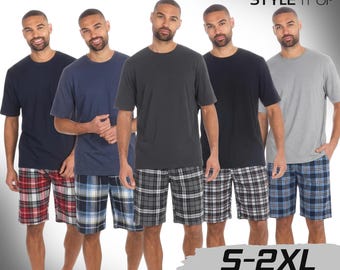 Mens Short Sleeve Pyjama Set Jersey T-Shirt With Woven Check Flannel Lounge Short Summer Wear Adults Nightwear