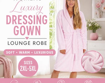 Womens Luxury Dressing Gown Pink Soft Cosy Plain Hooded Fleece Lounge Robe 2XL - 5XL