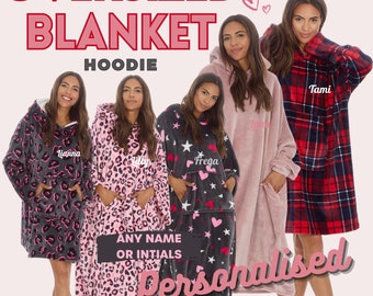 Ladies Personalised Embroidered Oversized Fleece Hoodie Hoodie/Blanket Cover Sweatshirt Cosy/Comfy Wearable Throw Gift Nightwear Top UK