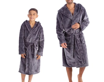Matching Dad and Son Grey Fleece Dressing Gowns, Hooded Bathrobes, Soft Cosy Family Nightwear