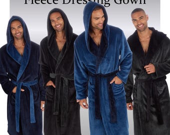 Mens Fleece Soft Hooded Dressing Gown Contrast Flannel Robe Adults Winter Lounge