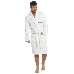 Personalised Monogrammed Mens Hooded Towel Bath Robe Terry Dressing Gown Spa 100% Cotton White - Shawl