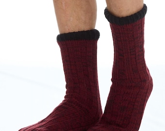 Mens Sherpa Lined Knitted Bed Socks, Non-Slip Grips, Gift for Christmas (Burgundy/Black, UK 6–11)
