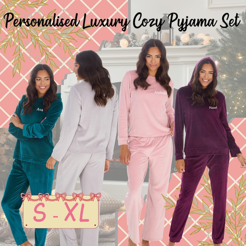 May include: Three sets of personalized velour pajamas in teal, pink, and purple. Each set features a long-sleeved top and matching pants. The tops have a crew neck and the pants have a drawstring waist. The pajamas are embroidered with the names "Ava", "Arabella", and "Hazel".