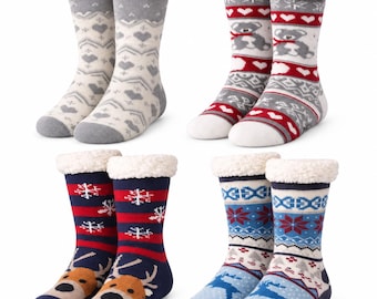 Women’s Fleece Lined Slipper Socks with Non-Slip Grips, Cosy Reindeer Christmas Gift Socks (UK 4–8, 2 Pairs)