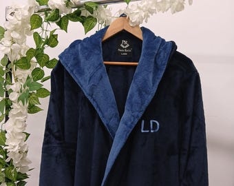 Mens Fleece Soft Hooded Dressing Gown Contrast Flannel Robe Adults Winter Lounge