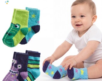 Baby Boy Fluffy Fleece Winter Socks with Animal Designs (2 Pairs)