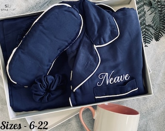 Personalised Ladies Womens Satin Effect Pyjamas Pjs Nightwear Set Short & Long Sleeve Shorts Pants Bride Bridesmaid Hen Party Gift Eye Mask