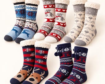 Womens Fleece Lined Reindeer Christmas Slipper Socks, Non-Slip Grips, UK 4-8 (1 Pair)