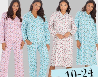 Ladies Floral Nightie Long Sleeved Nightdress - 100% Cotton Flowers All Over Print Classic Nightwear Collared