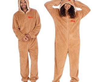 Personalised Christmas Reindeer Onesie Adult Couple Matching Pyjamas Hooded Fleece Jumpsuit Xmas Gift