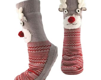 Womens Fleece Lined Reindeer Christmas Slipper Socks, Non-Slip Grips, UK 4-8