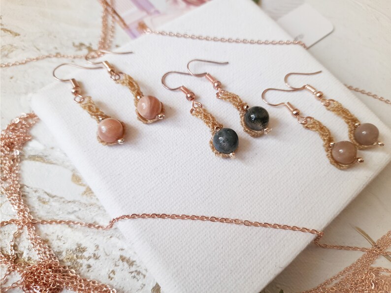 Rose Gold Earrings cute small ELEGANT EARRINGS Gemstone Earrings Moonstone Earrings Macrame Boho Earrings Crystal Earrings Elven Jewelry