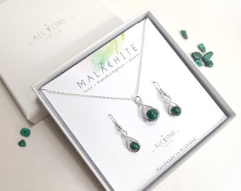 Malachite Gift Set - SCORPIO BIRTHSTONE, Earrings and Necklace, Love, Transformation and Power, Gold/Silver Plated, Alcyone