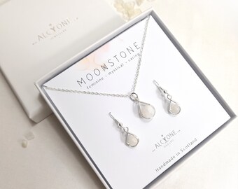 Moonstone Gift Set - CANCER BIRTHSTONE, Earrings and Necklace, Anxiety Relief, Self Care, Calm, Gold/Silver Plated, Alcyone