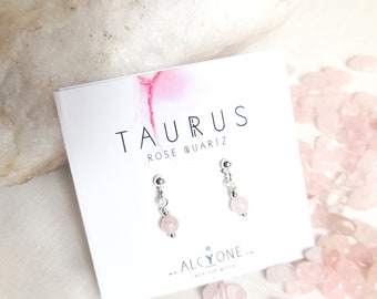 TINY ROSE QUARTZ Earrings - Cute and Dainty, Taurus Birthstone, Love, Harmony, Self Care, Comfort, Gold/Silver Plated, Alcyone