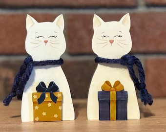 Wooden Cat Shelf Sitter, Hand Painted Figurine: Gift for Cat Lovers