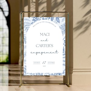 Floral Engagement Party Sign, Whimsical Customizable Wedding Welcome Sign Template, Modern Blue Rehearsal Dinner Sign Digital Download