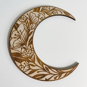 Floral engraved moon, wooden bohemian wall decor, boho floral moon