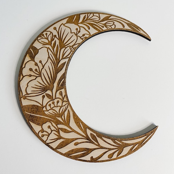 Floral engraved moon, wooden bohemian wall decor, boho floral moon
