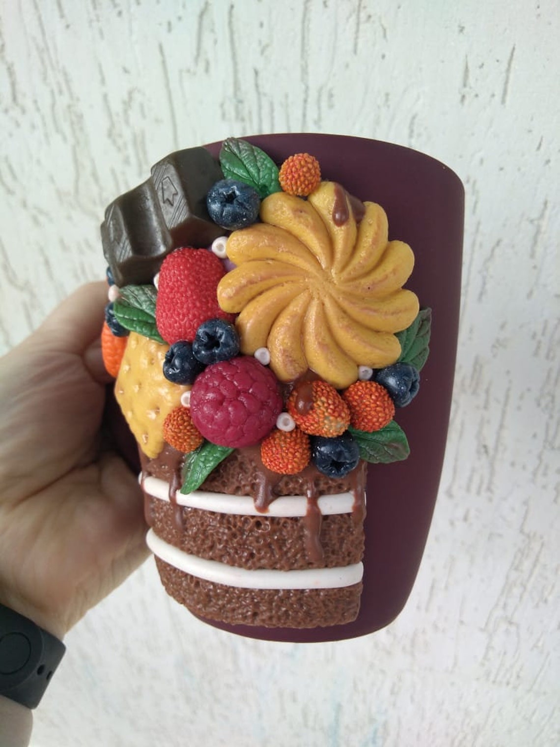 Volume polymer clay mug with strawberries chocolate and Etsy