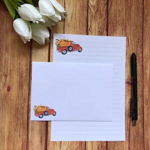 Juego de escritura de Halloween con forma de camión de calabaza, tamaño A5, para correo postal, Happy Post, amigo por correspondencia, Acción de Gracias, juego de cartas, papel y sobres para escribir tamaño A5, papel para notas