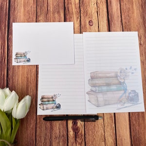 Set di scrittura A5 Books and Quill, posta ordinaria, Happy Post, Penpal, cancelleria personalizzata, set di lettere, carta da lettere e buste A5, carta per appunti